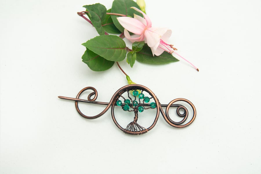 Knitted shawl pin,tree of life copper shawl pin,copper wire scarf pin,