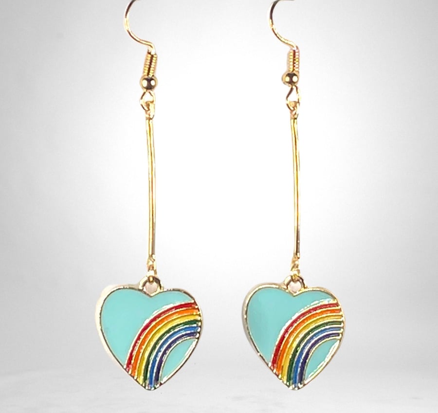 ENAMEL HEART EARRINGS Pink blue gold plated drop bar