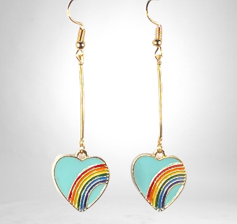 ENAMEL HEART EARRINGS Pink blue gold plated drop bar