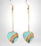 ENAMEL HEART EARRINGS Pink blue gold plated drop bar - Image 1