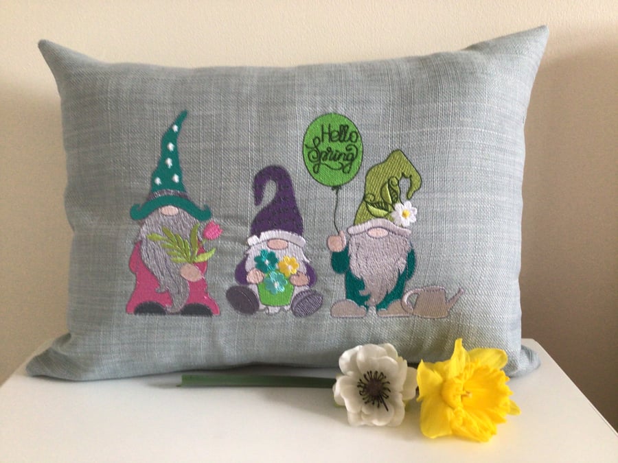 Gnomes embroidered cushion. Spring. Green.