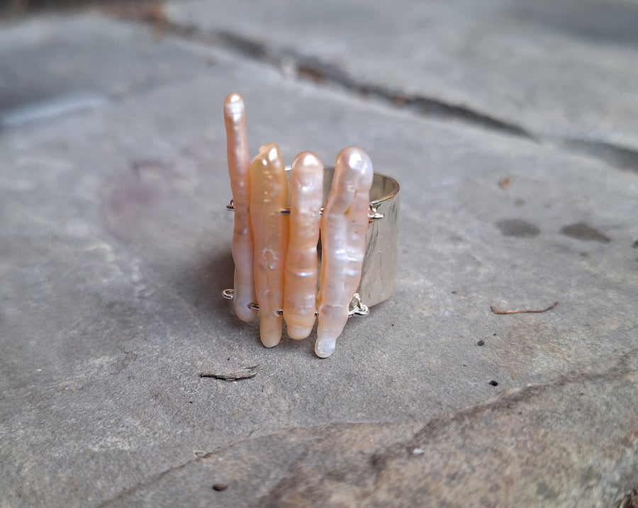The Floating Baroque Pearl Cuff Ring - Wide Sil... - Folksy