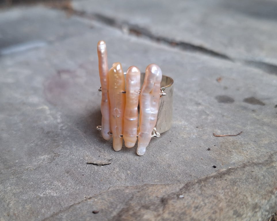 The Floating Baroque Pearl Cuff Ring - Wide Silver Band with Peach Stick Pearls