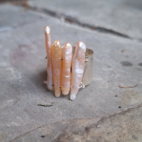 The Floating Baroque Pearl Cuff Ring - Wide Silver Band with Peach Stick Pearls