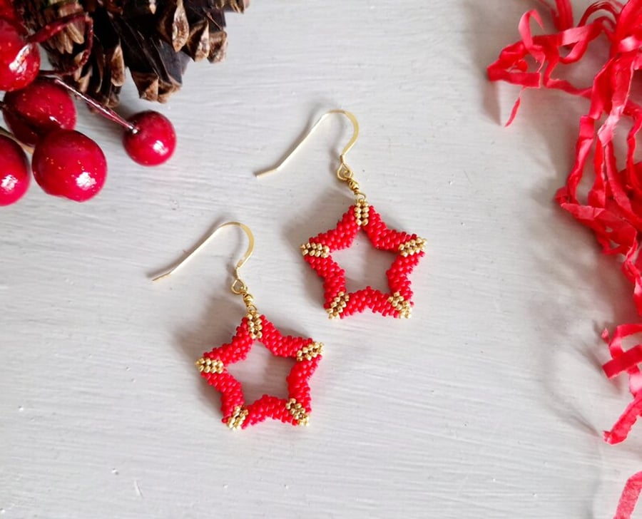 Red and Gold Beaded Star Earrings