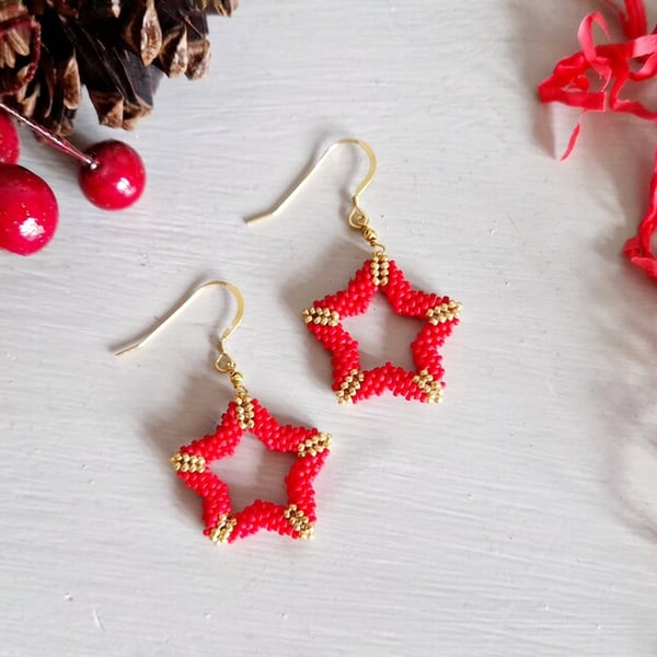 Red and Gold Beaded Star Earrings