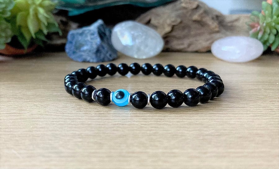 Evil Eye Protection, Black Tourmaline 6mm Beaded Bracelet