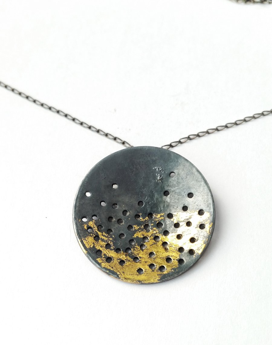 SALE Organic feel hammered textured silver necklace with gold and black 