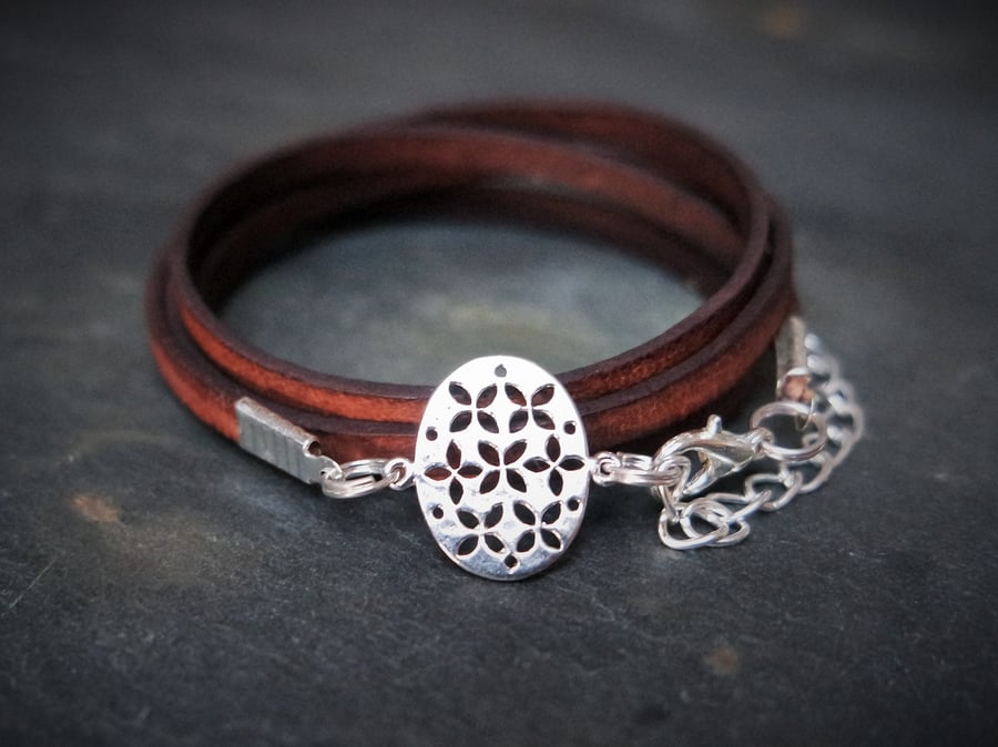 leather bracelet - flower of life oval silver plated