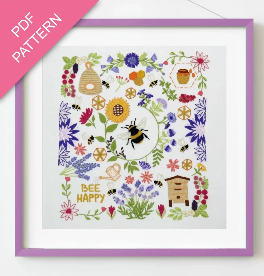 Bees and Blossoms Hand Embroidery PDF Pattern