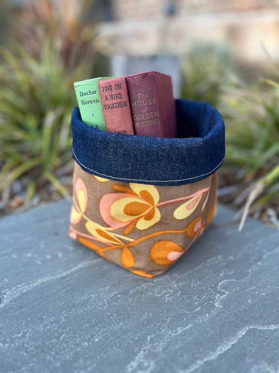 Vintage reclaimed cotton and denim reversible storage basket plant pot