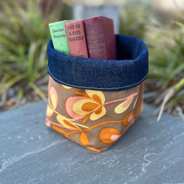 Vintage reclaimed cotton and denim reversible storage basket plant pot