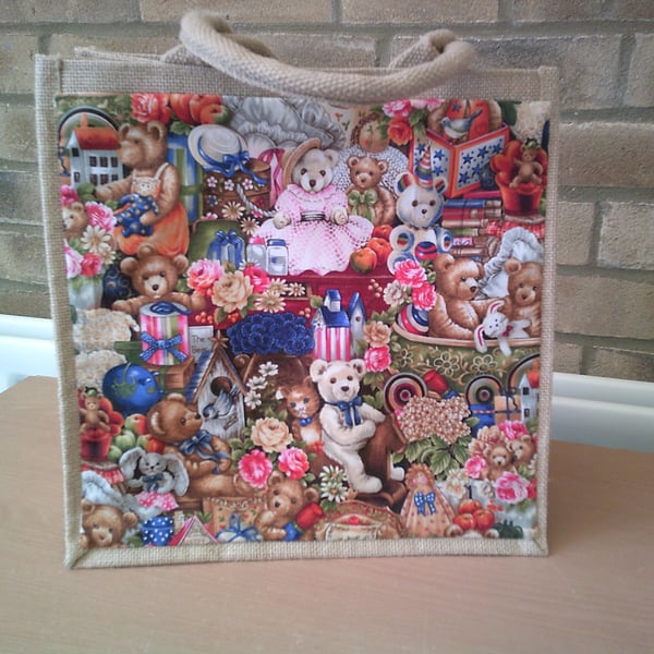 Medium Jute Bag with Pretty Teddies with Flowers and Hat boxes Pocket