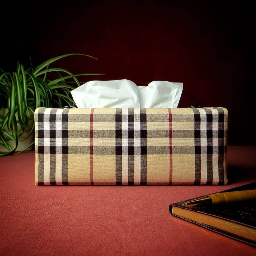 Rectangle Size 'A' Tissue Box Cover - Black, Red, and Tan Tartan