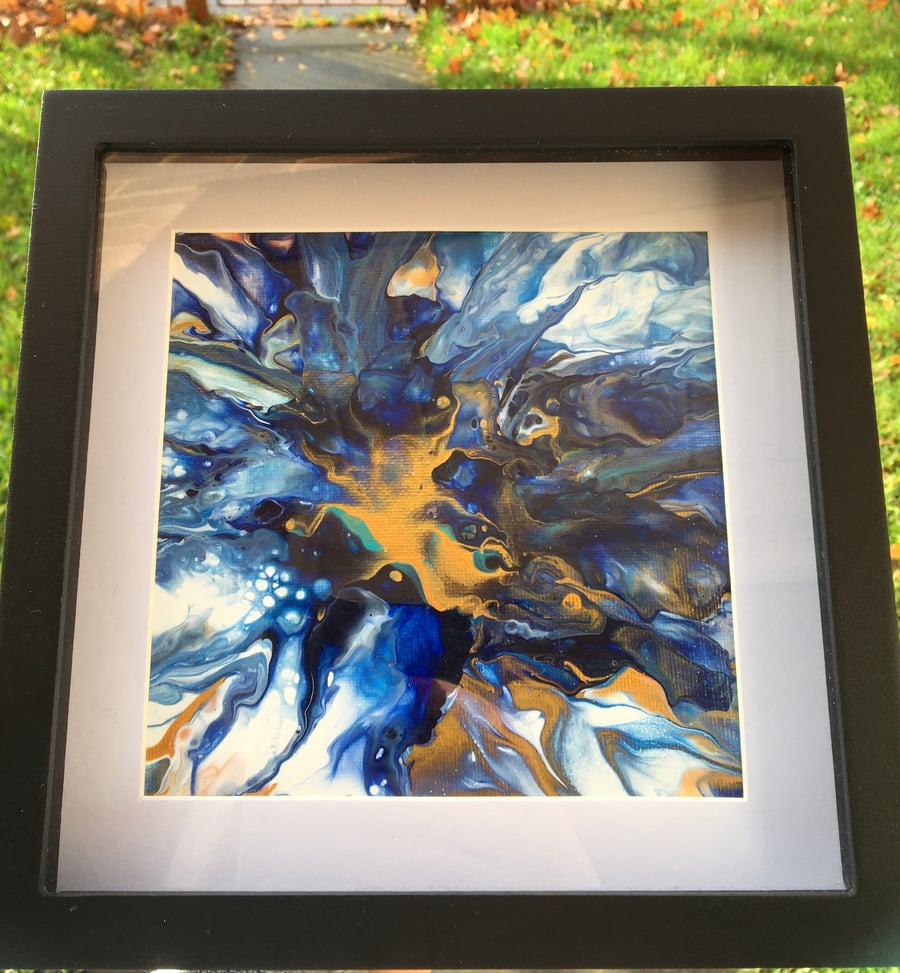Original fluid art  painting, abstract flower, blue, gold, framed 