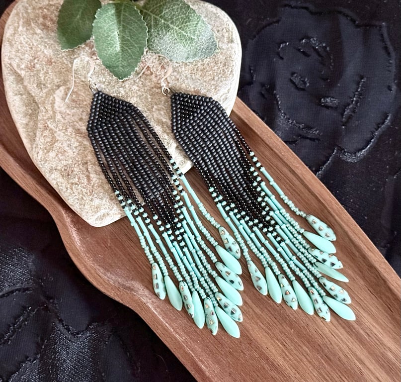 Turquoise blue and black beadwork fringe earrings with Czech glass daggers