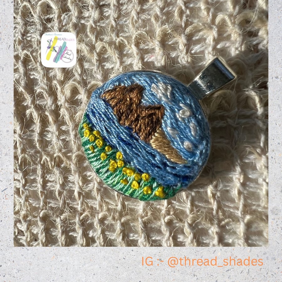 Hand embroidered pendant, landscape embroidery, scenery design, handmade necklac