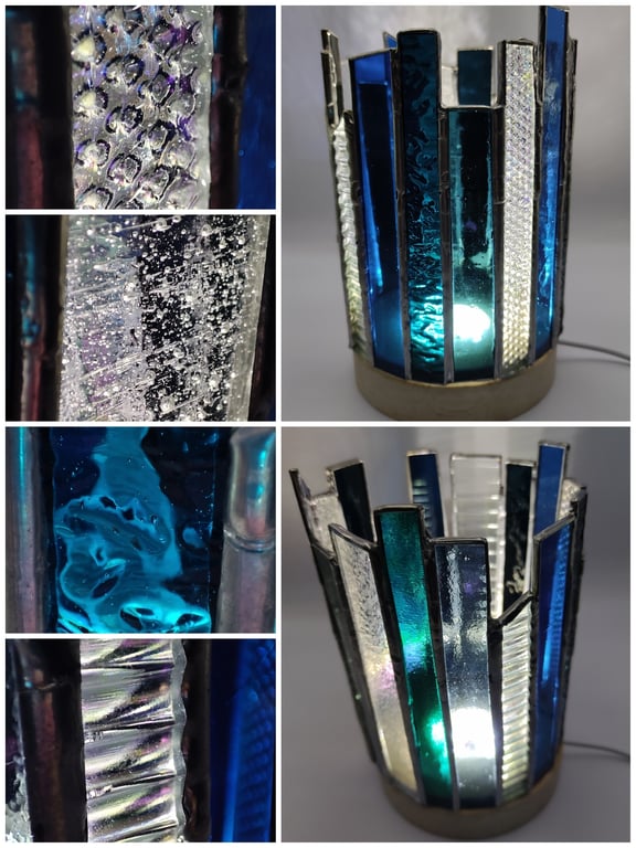 Hand made stained glass, candle holder, teal, blue, iridescent 