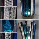 Hand made stained glass, candle holder, teal, blue, iridescent 