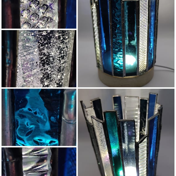 Hand made stained glass, candle holder, teal, blue, iridescent 