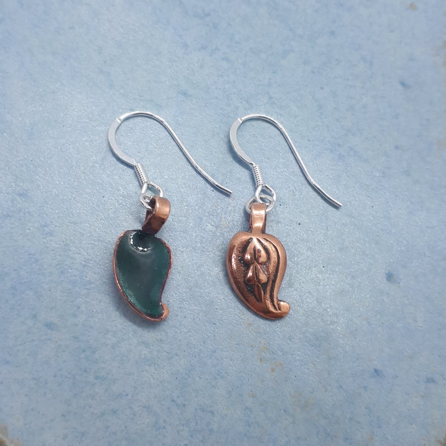 Copper leaves drop earrings with copper green enamel