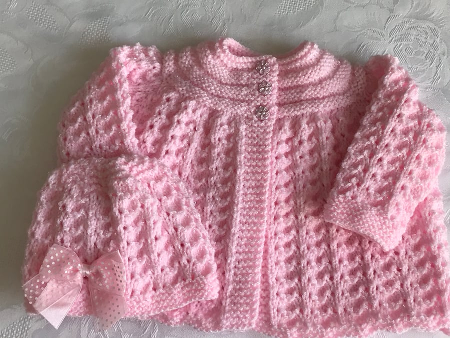 Hand Knitted Pink Matinee Cardigan and Matching Hat, Fits 0 - 3 months