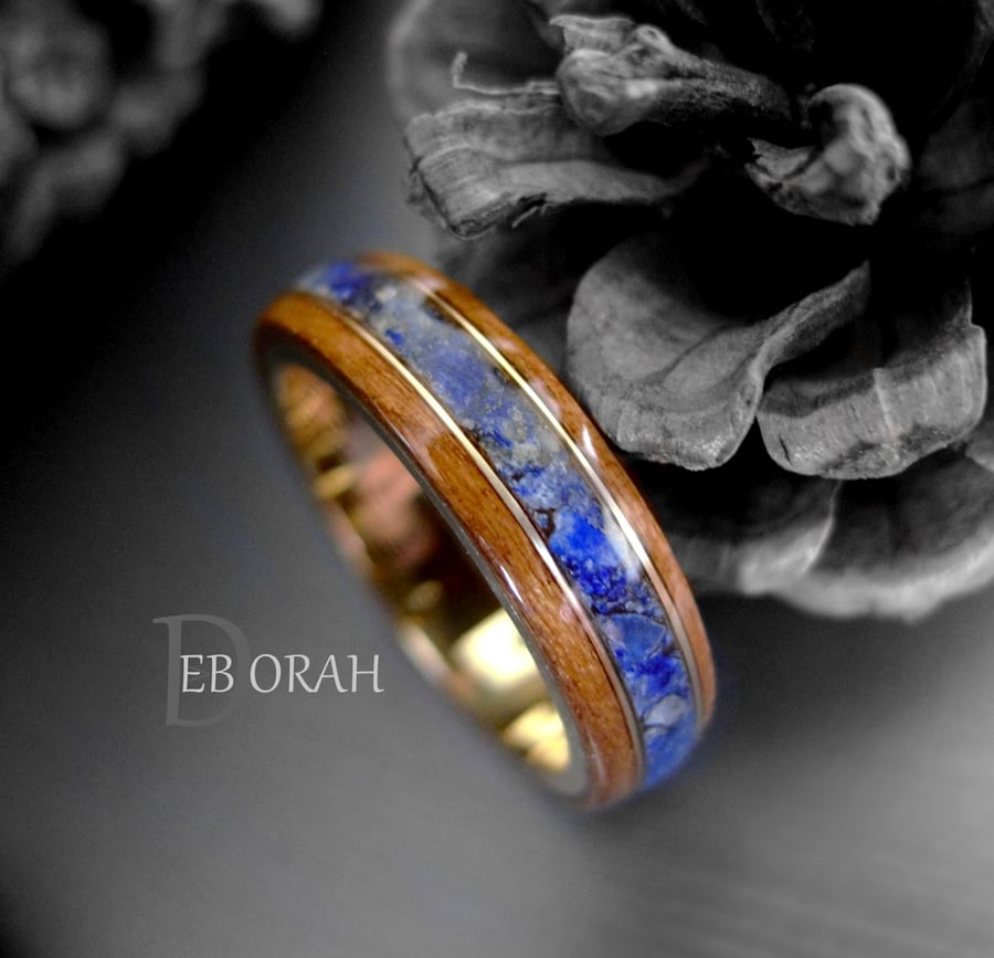 9ct Gold Wood Ring With Lapis Lazuli & 9ct Gold Inlay