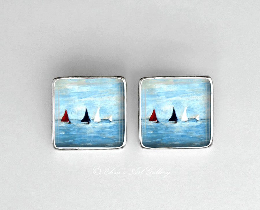 Rhodium Plated Silver Sailing Boat Art Earrings