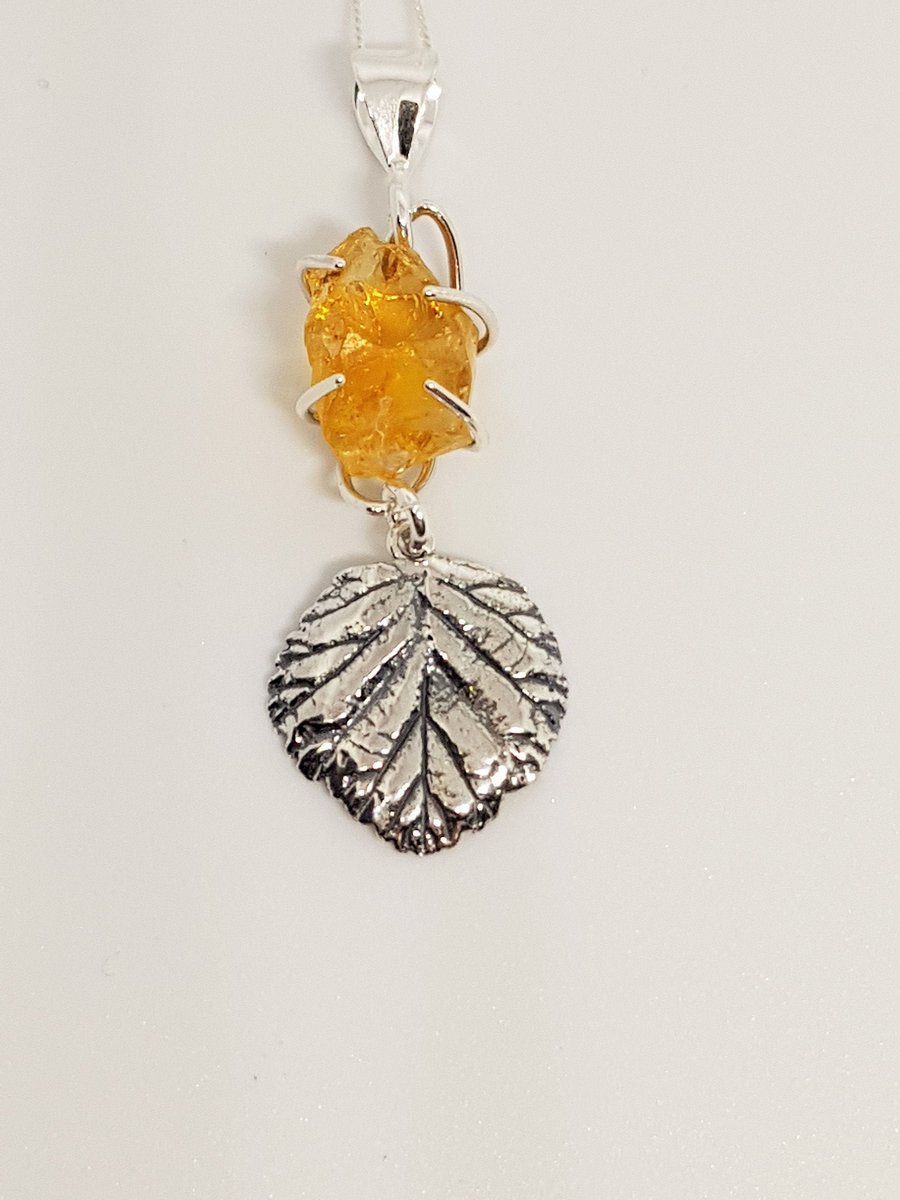 Citrine Gemstone Nugget Sterling Silver Statement Pendant Necklace with Sterling