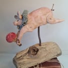 Leaping piggy handmade soft sculpture 