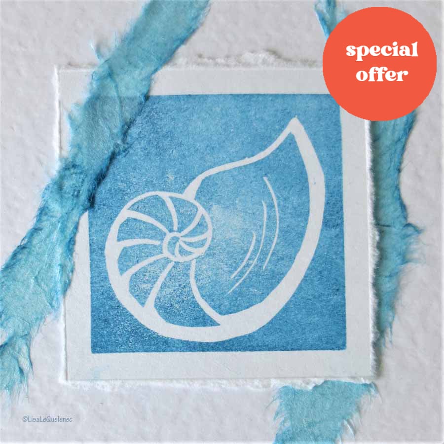 Handmade blank art card of a seashell in turquoise and aqua