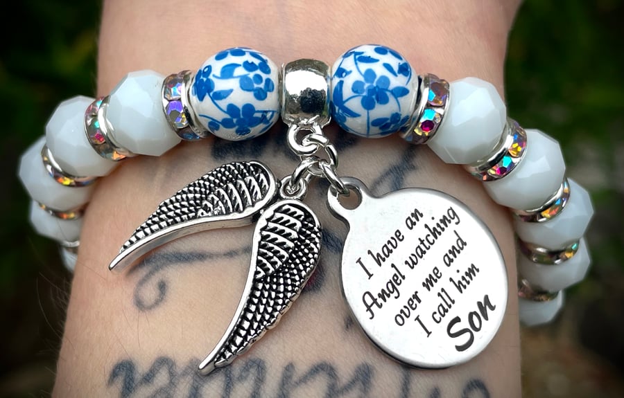 Son Heaven Memorial Bracelet White Blue Beads