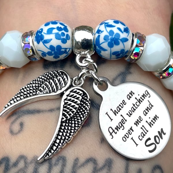 Son Heaven Memorial Bracelet White Blue Beads