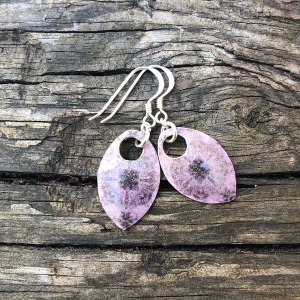 Lilac decoupage and enamel scale earrings. Sterling silver. 