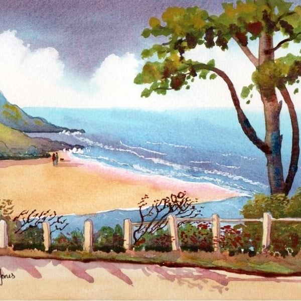 Caswell Bay, Gower Wales - Watercolour Print in 20 x 16'' Mount