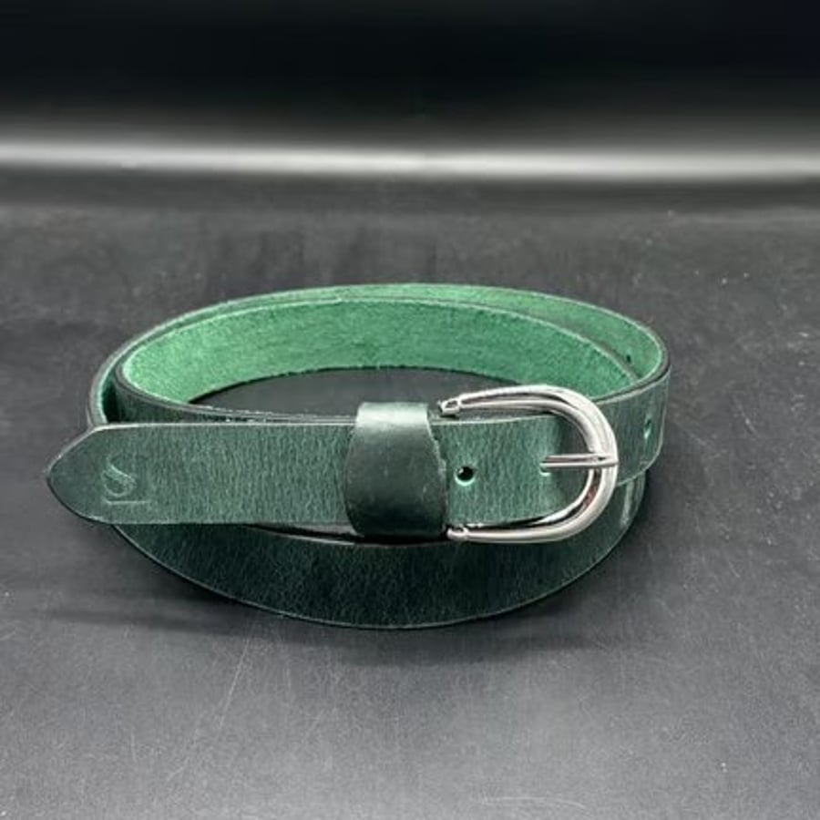 Dark Green Leather Belt with Silver Buckle