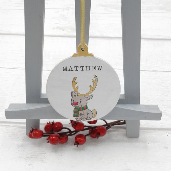 Personalised Christmas decoration. Tree decoration. Wooden bauble. Rudolph.