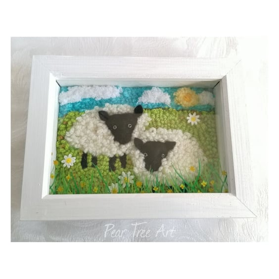  “Spring Meadow” Sheep Textile Art,  Handmade textile artwork. 