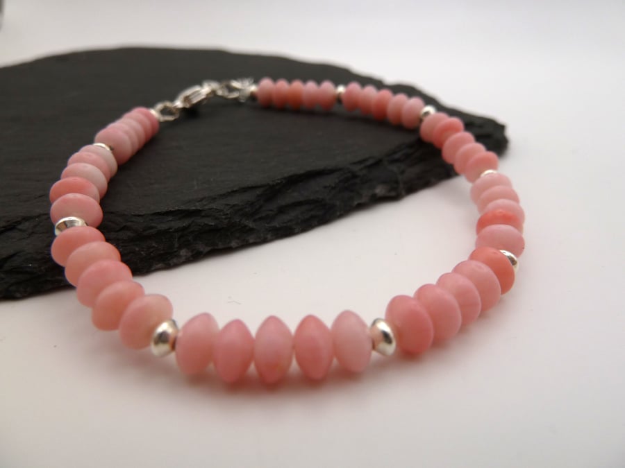 pink bamboo coral bracelet, sterling silver