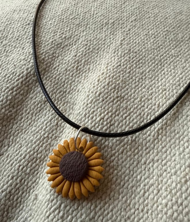 Polymer clay sunflower black cord necklace