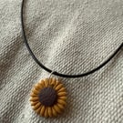 Polymer clay sunflower black cord necklace