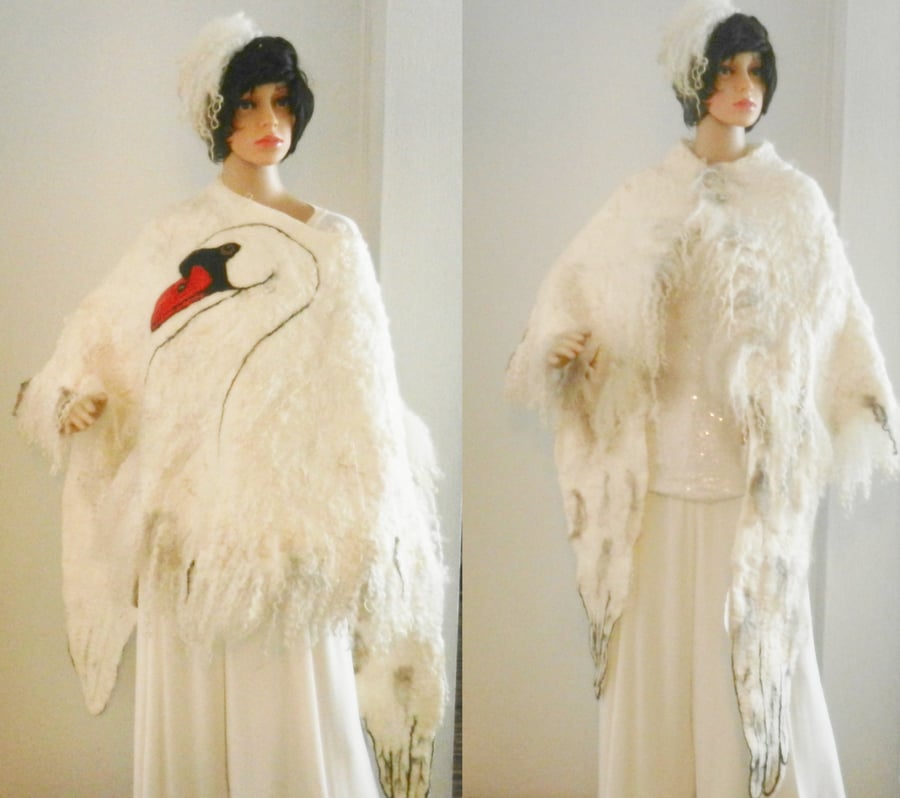 Hand Felted, Wool felted soft ART wedding SCARF  on silk