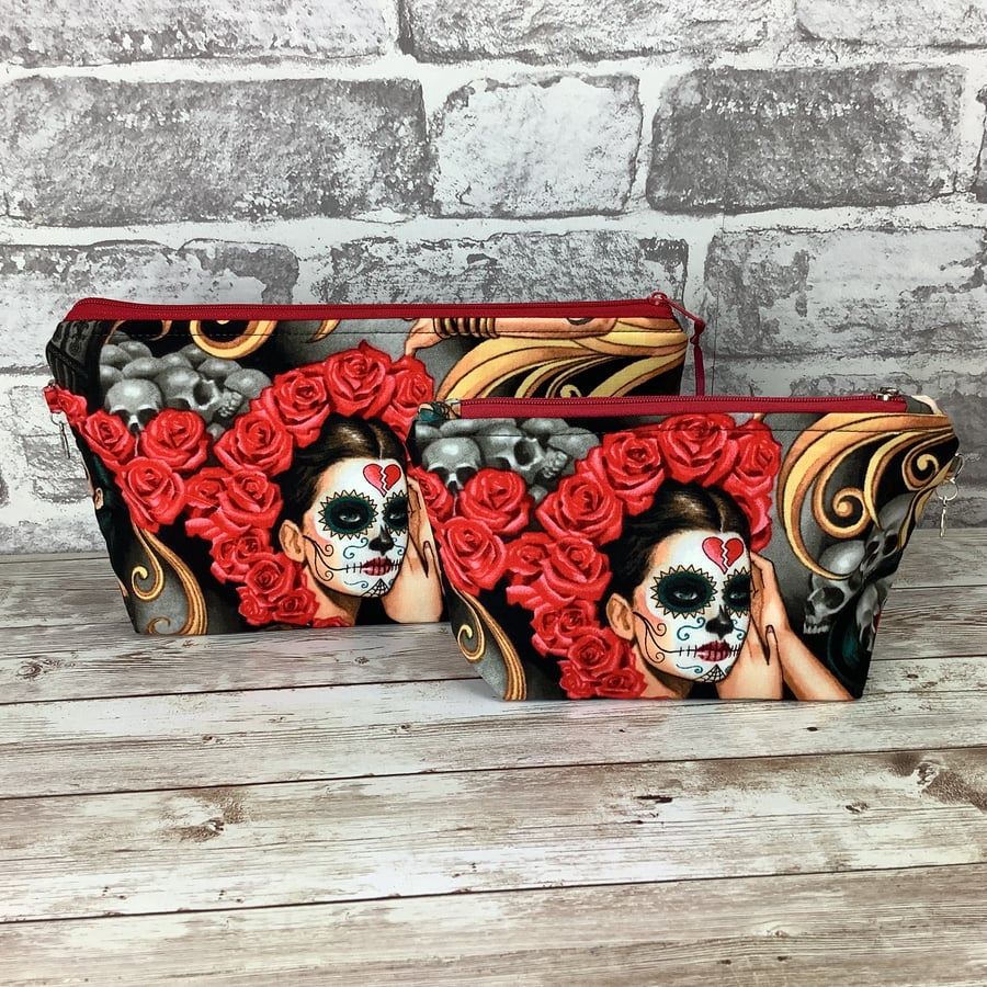 Gothic Day of the Dead Zip case, Makeup bag, Handmade, 2 size options
