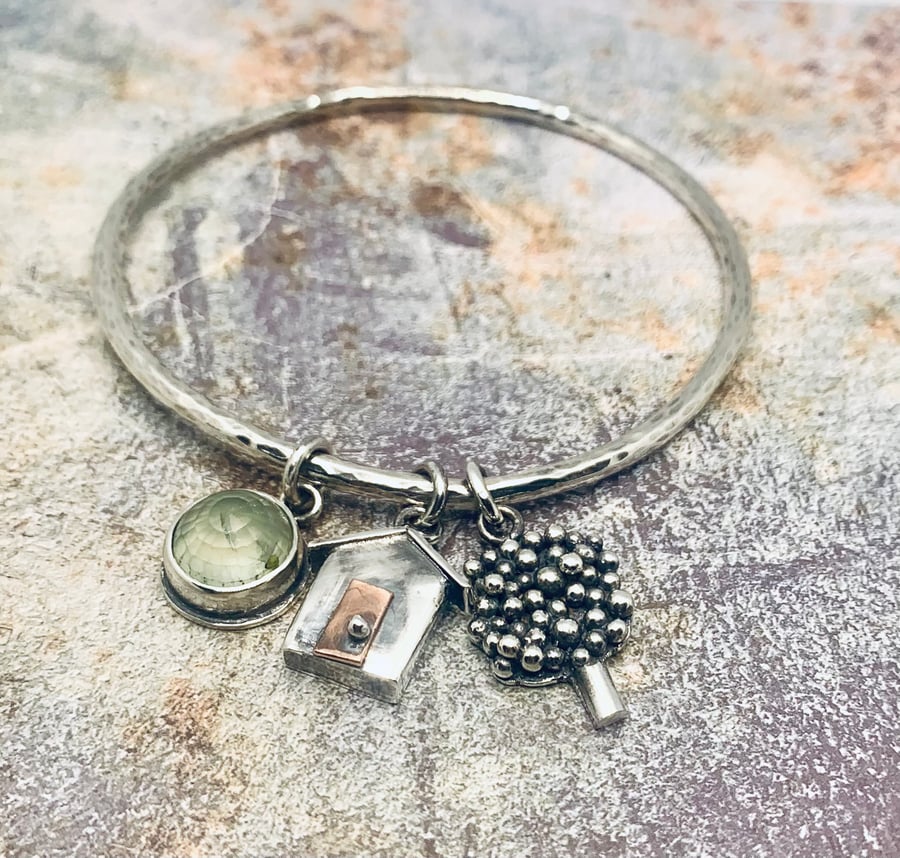 Sterling Silver Tee & Beach Hut Charm Bangle Handmade