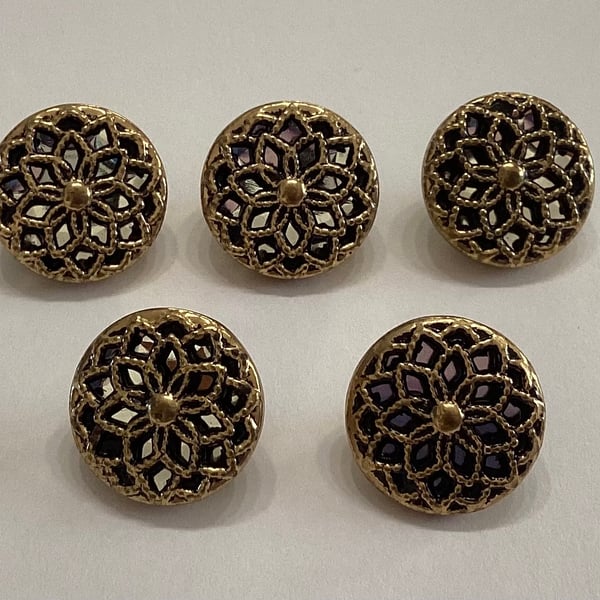 Buttons, five gold tone, metal,  pierced buttons