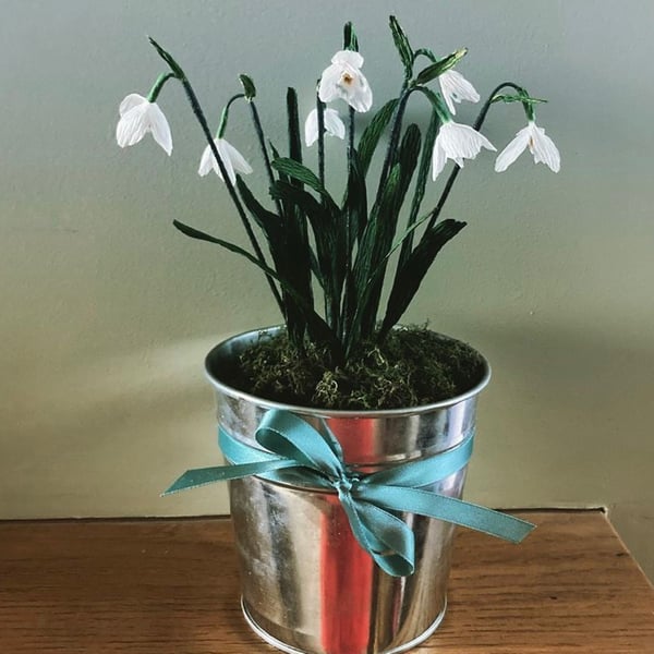 Paper snowdrops in a galvanised bucket