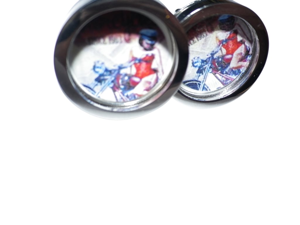 Biker Pin Up cufflinks, free shipping, gift wrapped, dramatic image Ref 8550 