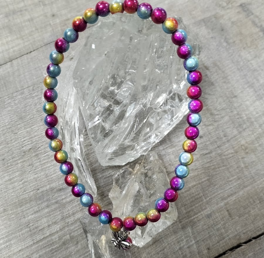 AL115a  Rainbow miracle bead anklet with bee