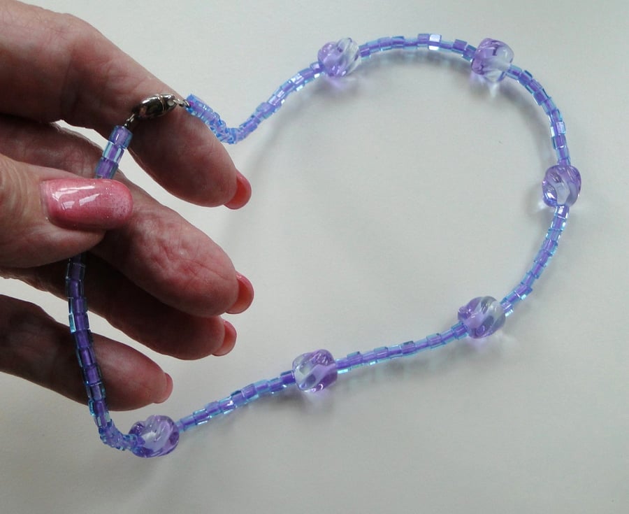 Necklace with lilac and clear twist lampwork handmade glass beads -one of a kind