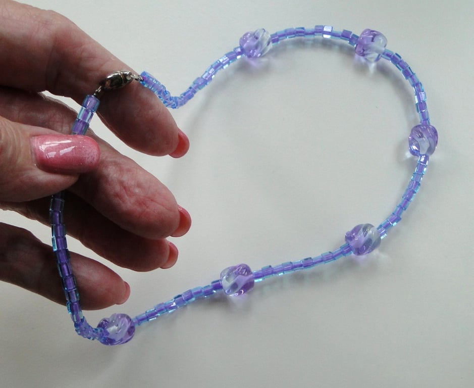 Necklace with lilac and clear twist lampwork handmade glass beads -one of a kind